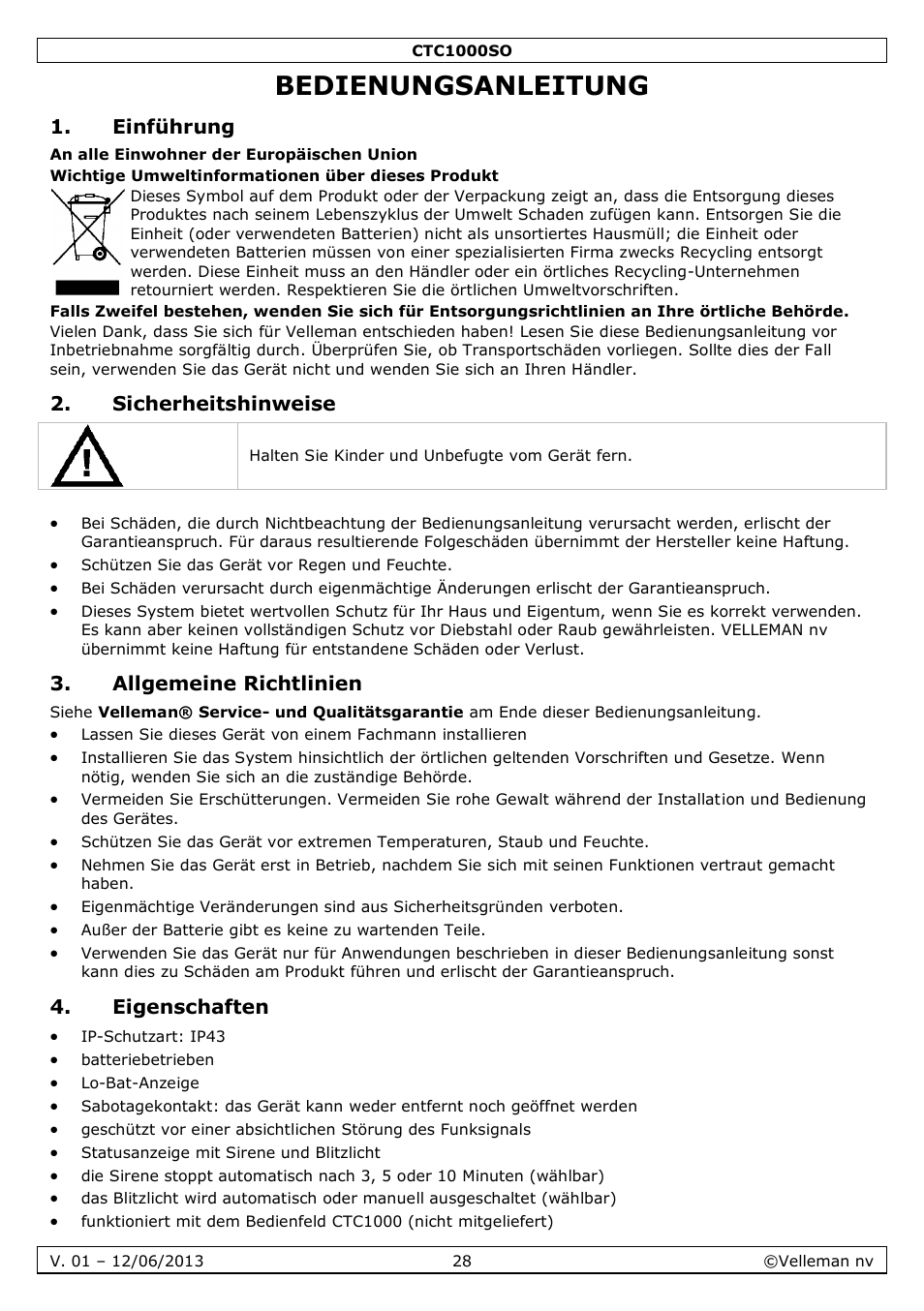 Bedienungsanleitung, Einführung, Sicherheitshinweise | Allgemeine richtlinien, Eigenschaften | Velleman CTC1000SO User Manual | Page 28 / 46