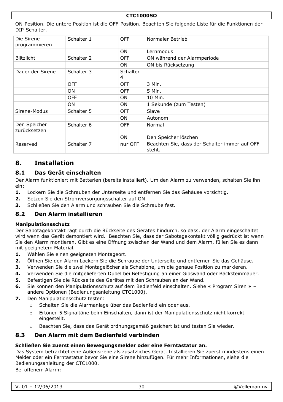Installation, 1 das gerät einschalten, 2 den alarm installieren | Manipulationsschutz, 3 den alarm mit dem bedienfeld verbinden | Velleman CTC1000SO User Manual | Page 30 / 46