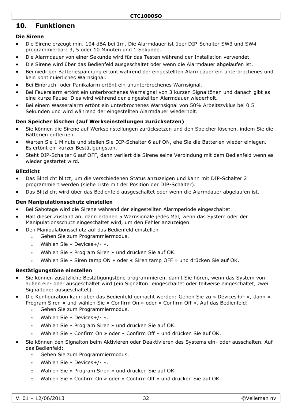 Funktionen, Die sirene, Blitzlicht | Den manipulationsschutz einstellen, Bestätigungstöne einstellen | Velleman CTC1000SO User Manual | Page 32 / 46
