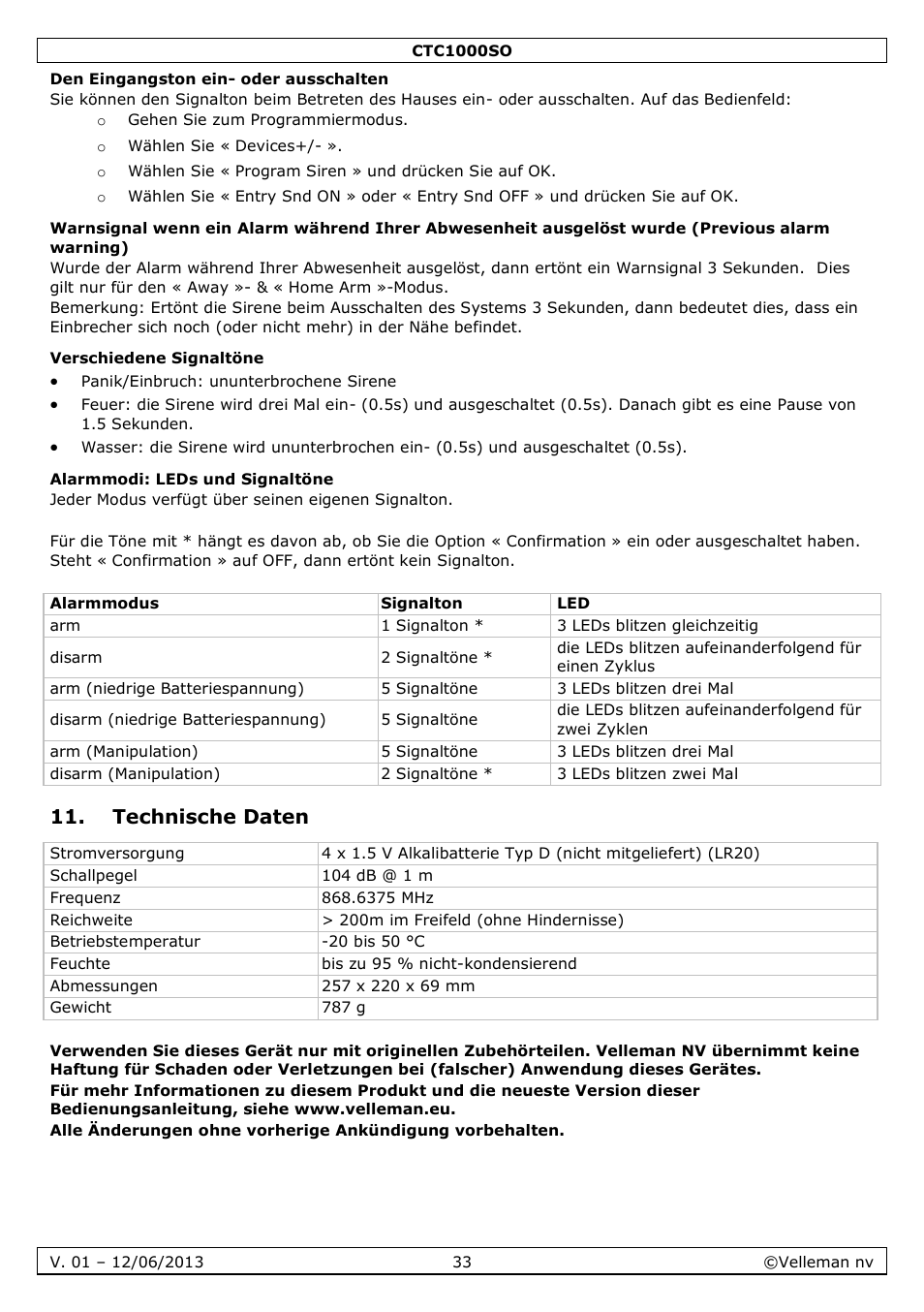 Den eingangston ein- oder ausschalten, Verschiedene signaltöne, Alarmmodi: leds und signaltöne | Technische daten | Velleman CTC1000SO User Manual | Page 33 / 46