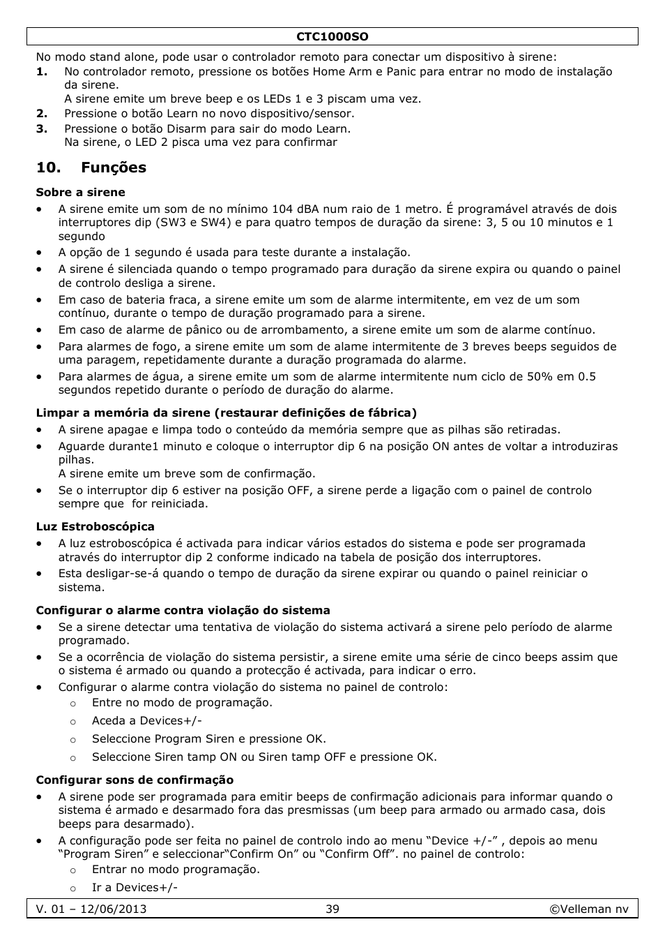 Funções, Sobre a sirene, Luz estroboscópica | Configurar o alarme contra violação do sistema, Configurar sons de confirmação | Velleman CTC1000SO User Manual | Page 39 / 46