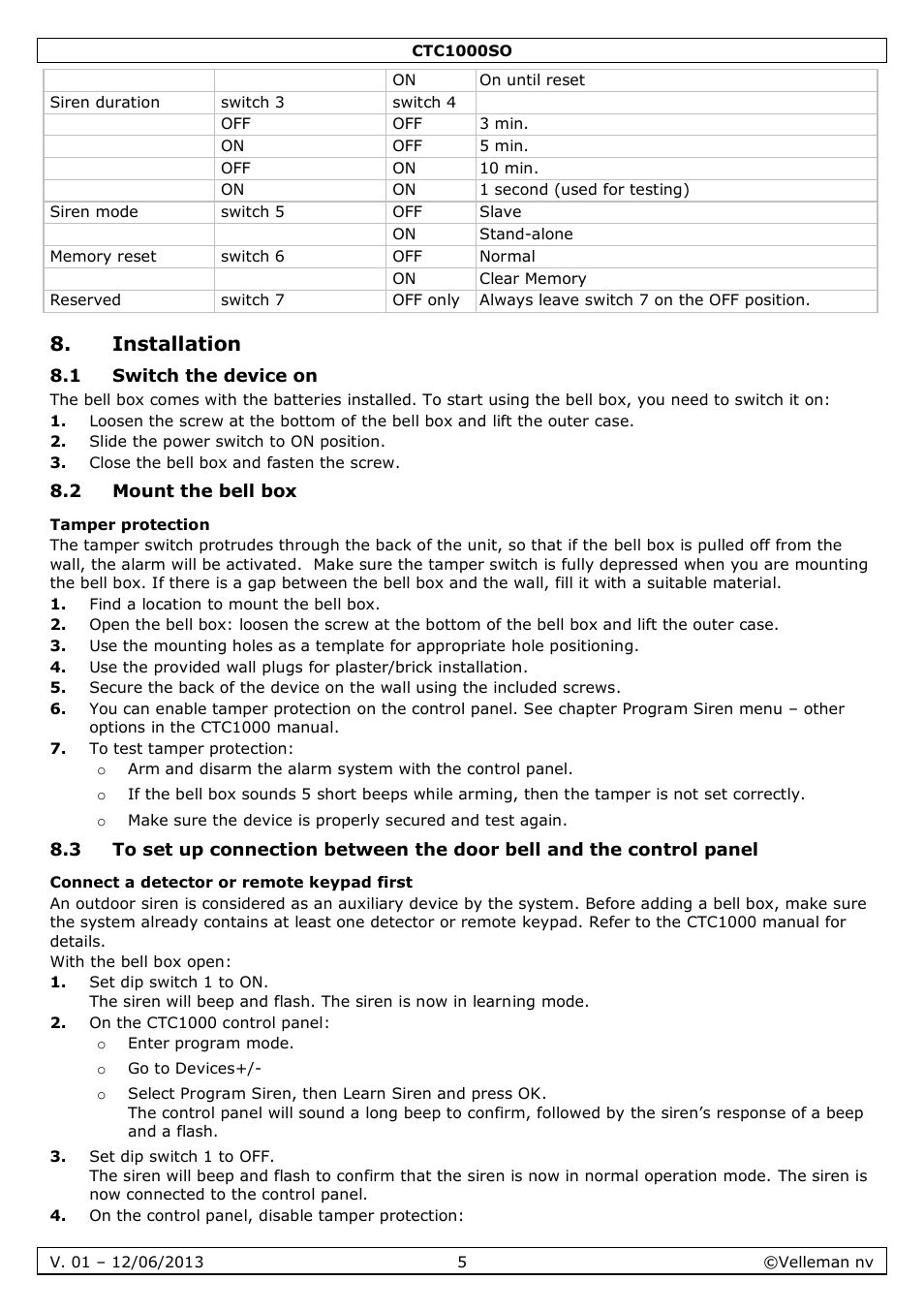 Installation, 1 switch the device on, 2 mount the bell box | Tamper protection, Connect a detector or remote keypad first | Velleman CTC1000SO User Manual | Page 5 / 46