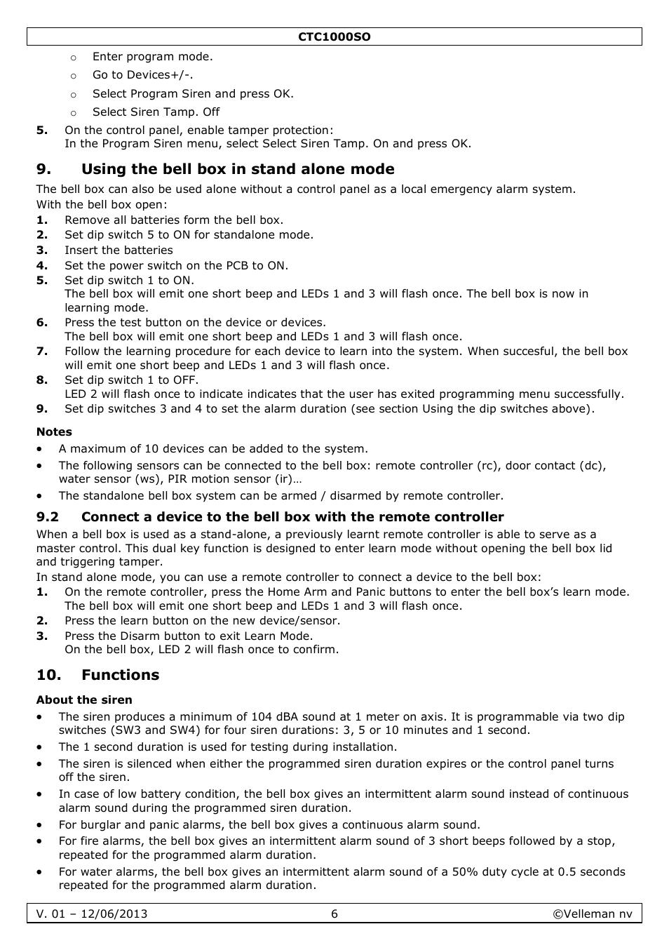 Using the bell box in stand alone mode, Notes, Functions | About the siren | Velleman CTC1000SO User Manual | Page 6 / 46
