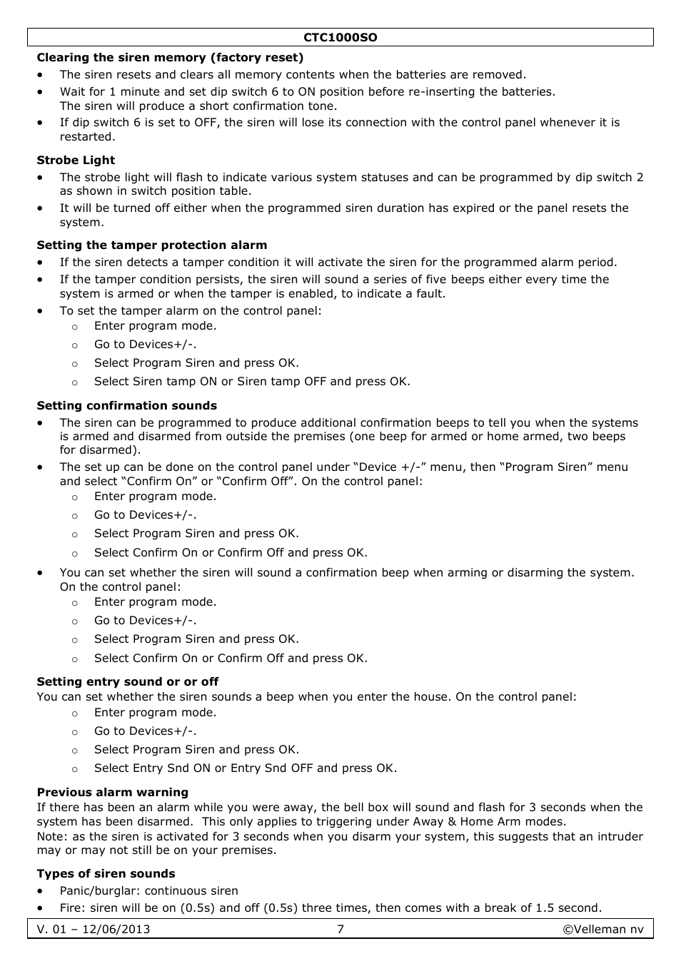 Clearing the siren memory (factory reset), Strobe light, Setting the tamper protection alarm | Setting confirmation sounds, Setting entry sound or or off, Previous alarm warning, Types of siren sounds | Velleman CTC1000SO User Manual | Page 7 / 46