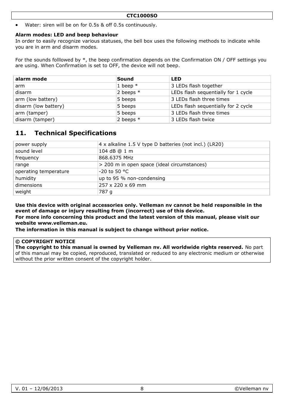 Alarm modes: led and beep behaviour, Technical specifications | Velleman CTC1000SO User Manual | Page 8 / 46