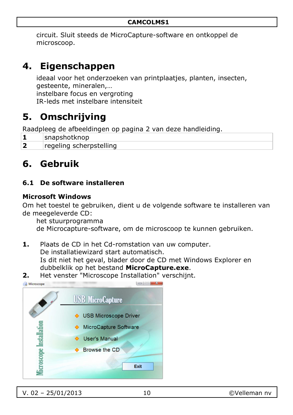 Eigenschappen, Omschrijving, Gebruik | Velleman CAMCOLMS1 User Manual | Page 10 / 49