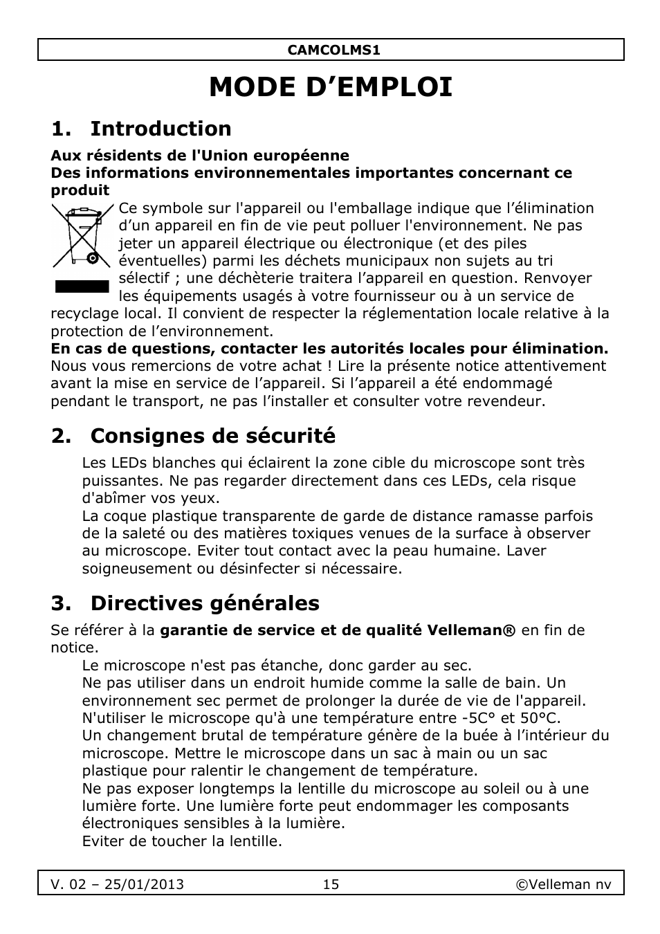 Mode d’emploi, Introduction, Consignes de sécurité | Directives générales | Velleman CAMCOLMS1 User Manual | Page 15 / 49