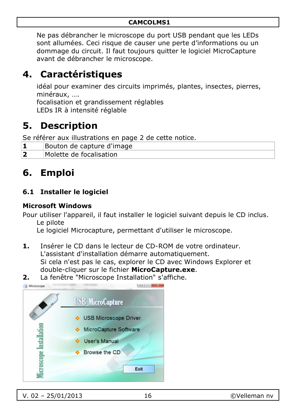 Caractéristiques, Description, Emploi | Velleman CAMCOLMS1 User Manual | Page 16 / 49