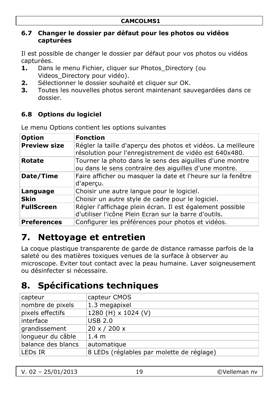 Nettoyage et entretien, Spécifications techniques | Velleman CAMCOLMS1 User Manual | Page 19 / 49