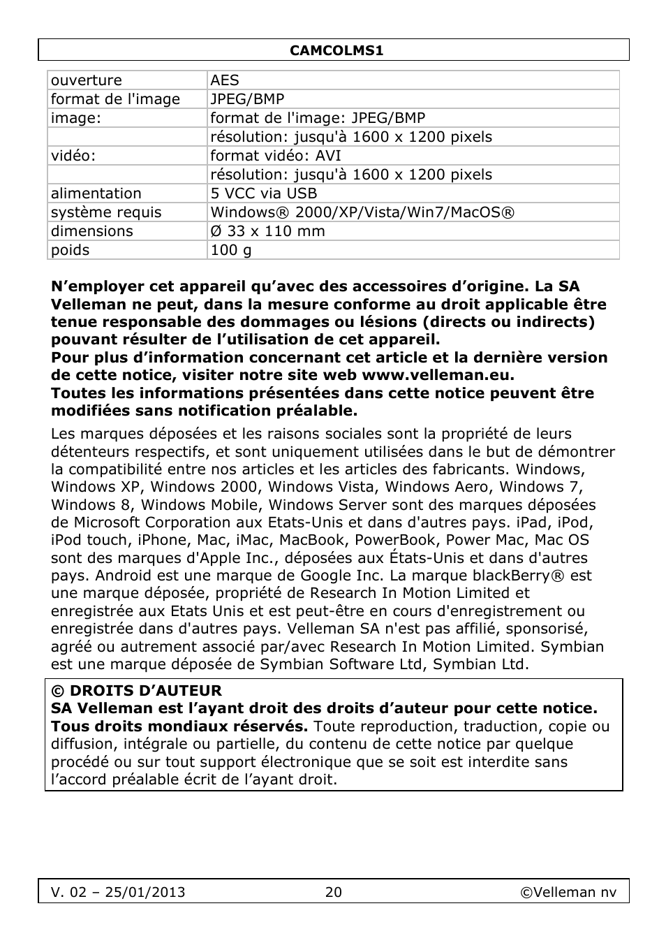 Velleman CAMCOLMS1 User Manual | Page 20 / 49