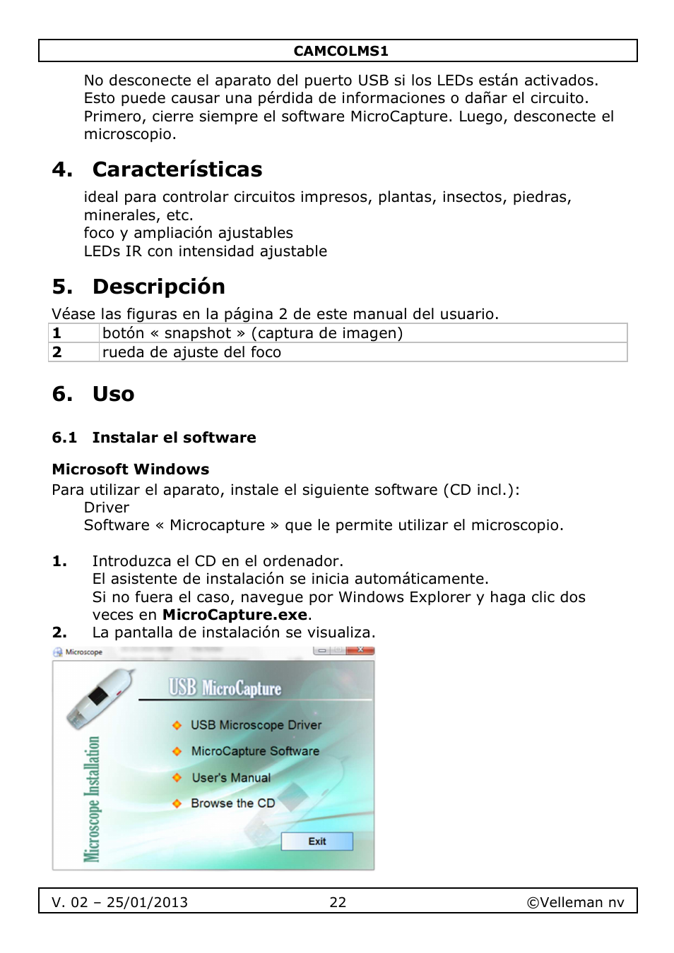 Características, Descripción | Velleman CAMCOLMS1 User Manual | Page 22 / 49