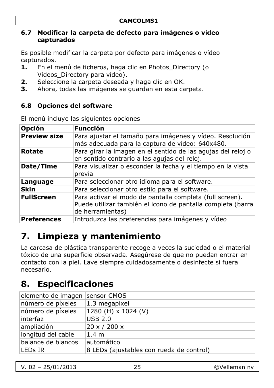 Limpieza y mantenimiento, Especificaciones | Velleman CAMCOLMS1 User Manual | Page 25 / 49