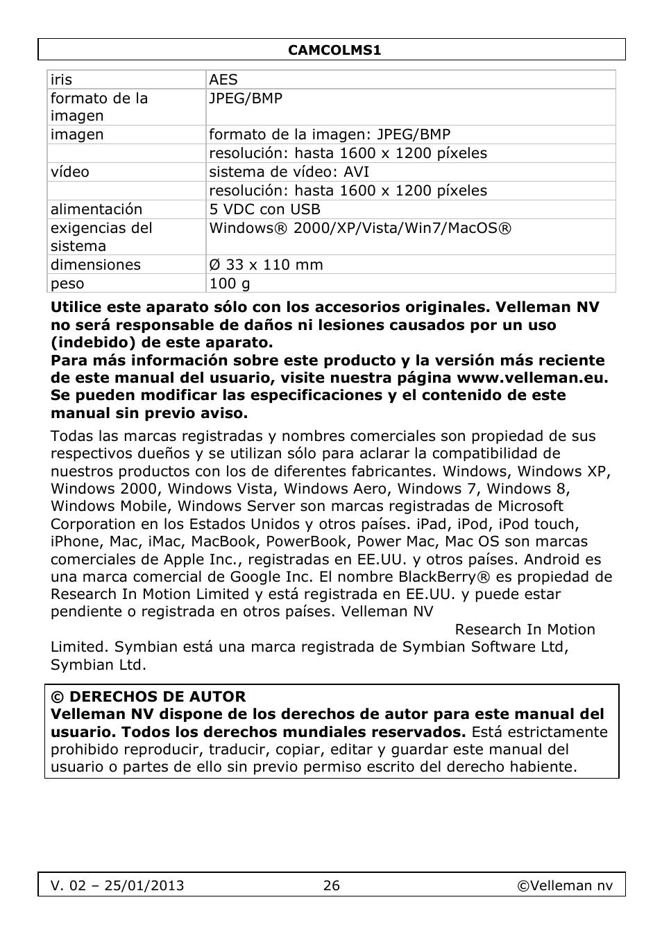 Velleman CAMCOLMS1 User Manual | Page 26 / 49