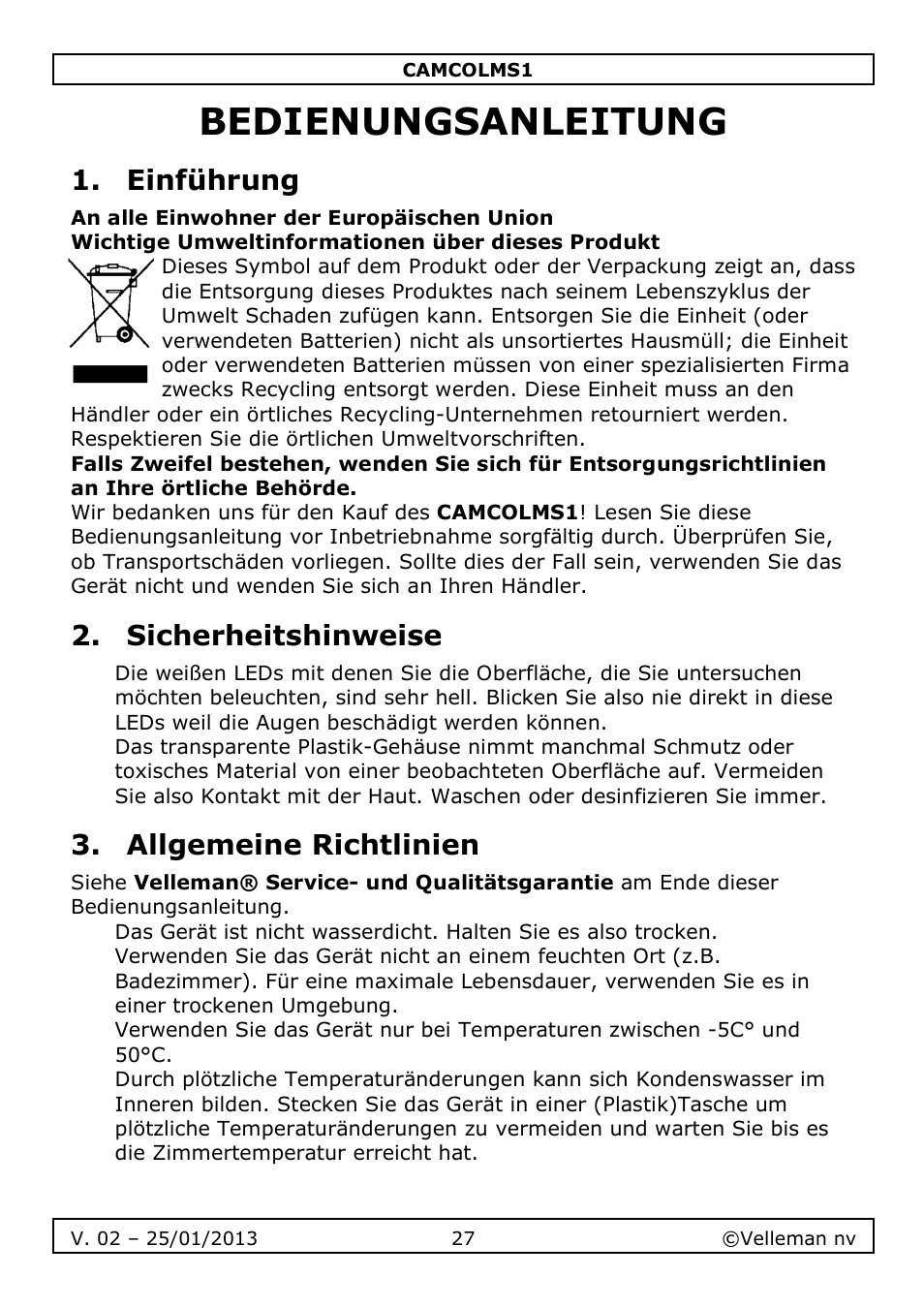 Bedienungsanleitung, Einführung, Sicherheitshinweise | Allgemeine richtlinien | Velleman CAMCOLMS1 User Manual | Page 27 / 49