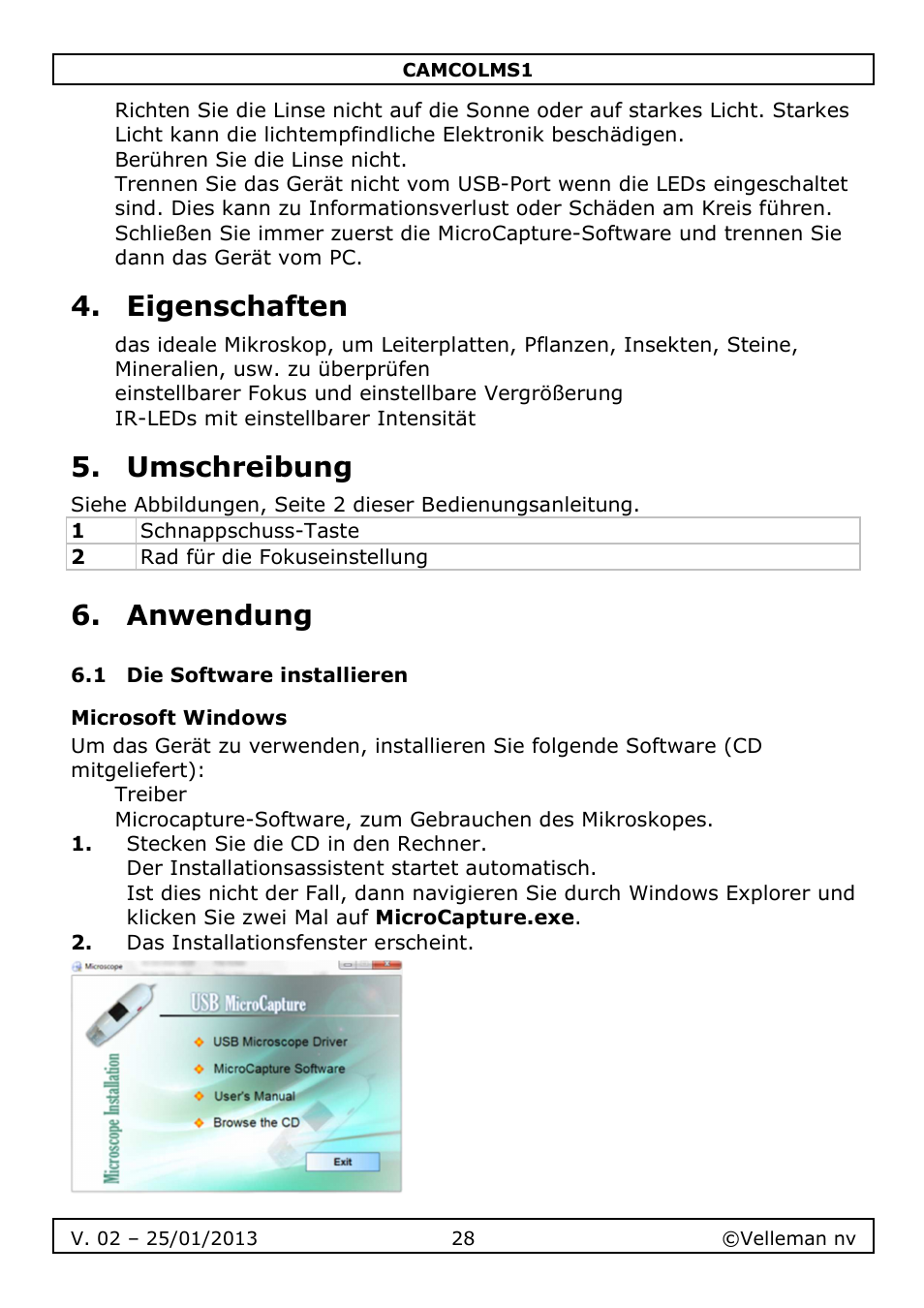 Eigenschaften, Umschreibung, Anwendung | Velleman CAMCOLMS1 User Manual | Page 28 / 49