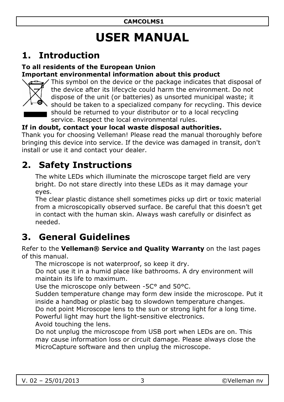 User manual, Introduction, Safety instructions | General guidelines | Velleman CAMCOLMS1 User Manual | Page 3 / 49