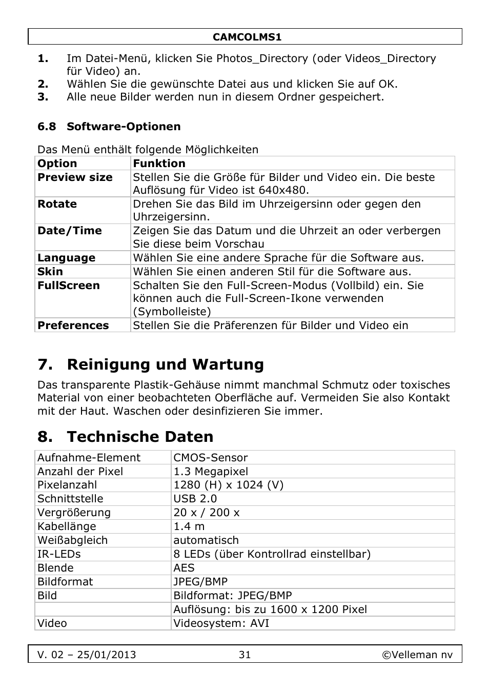 Reinigung und wartung, Technische daten | Velleman CAMCOLMS1 User Manual | Page 31 / 49