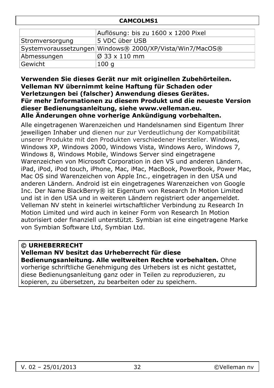Velleman CAMCOLMS1 User Manual | Page 32 / 49