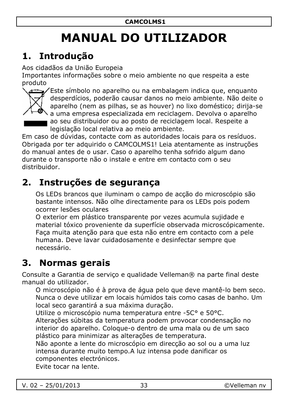 Manual do utilizador, Introdução, Instruções de segurança | Normas gerais | Velleman CAMCOLMS1 User Manual | Page 33 / 49