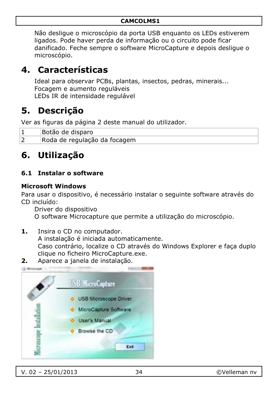Características, Descrição, Utilização | Velleman CAMCOLMS1 User Manual | Page 34 / 49