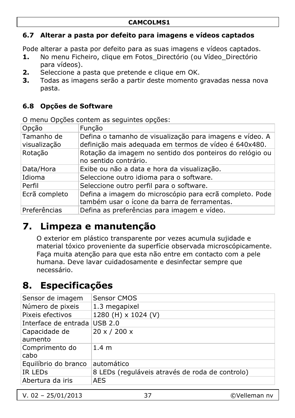 Limpeza e manutenção, Especificações | Velleman CAMCOLMS1 User Manual | Page 37 / 49