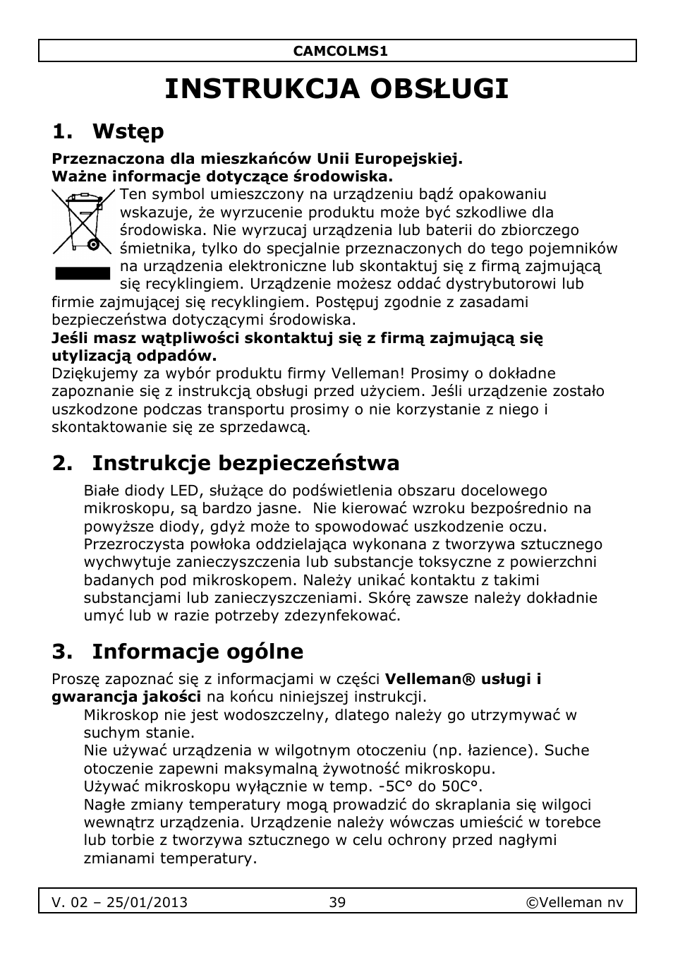Instrukcja obsługi, Wstęp, Instrukcje bezpieczeństwa | Informacje ogólne | Velleman CAMCOLMS1 User Manual | Page 39 / 49