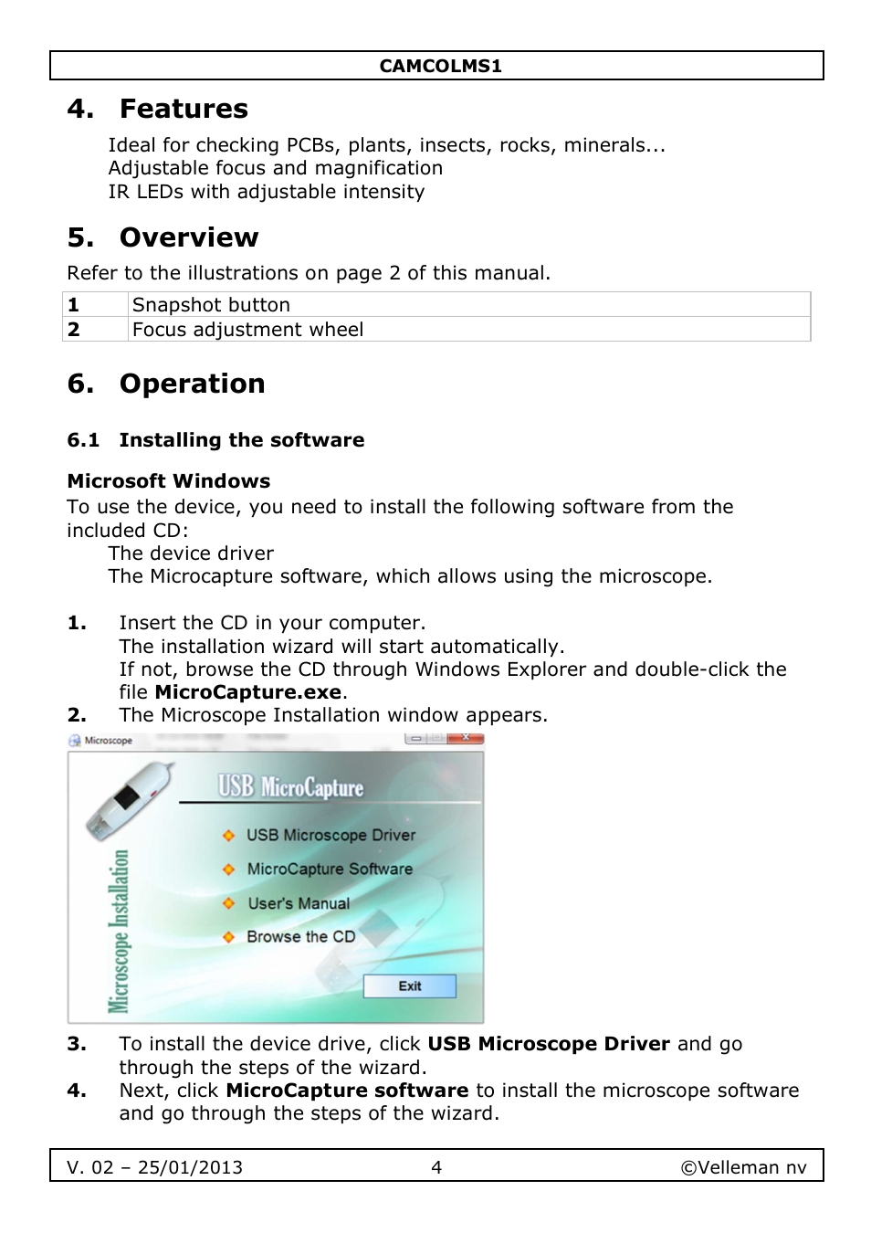 Features, Overview, Operation | Velleman CAMCOLMS1 User Manual | Page 4 / 49