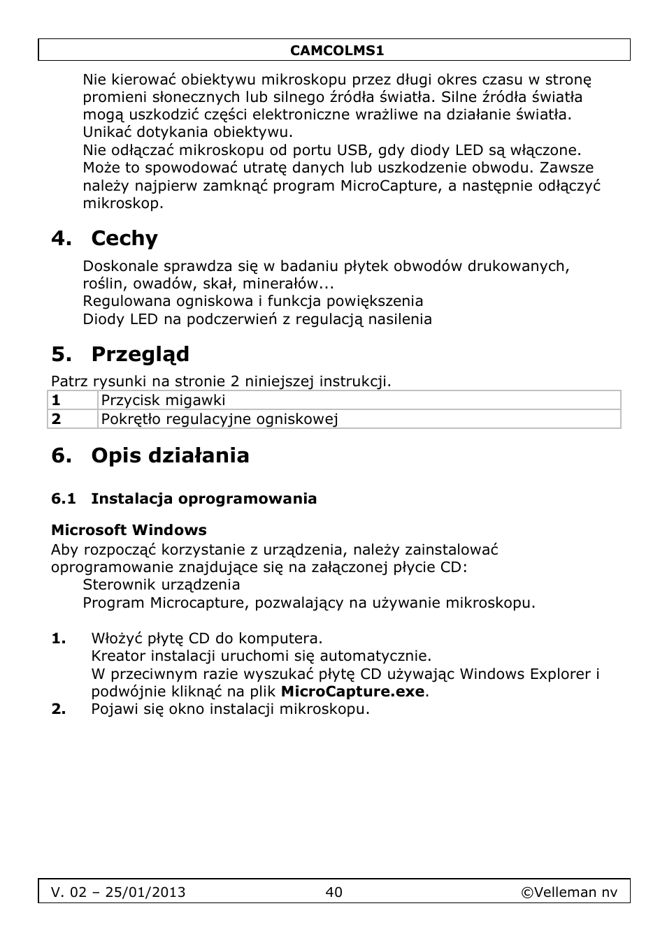 Cechy, Przegląd, Opis działania | Velleman CAMCOLMS1 User Manual | Page 40 / 49