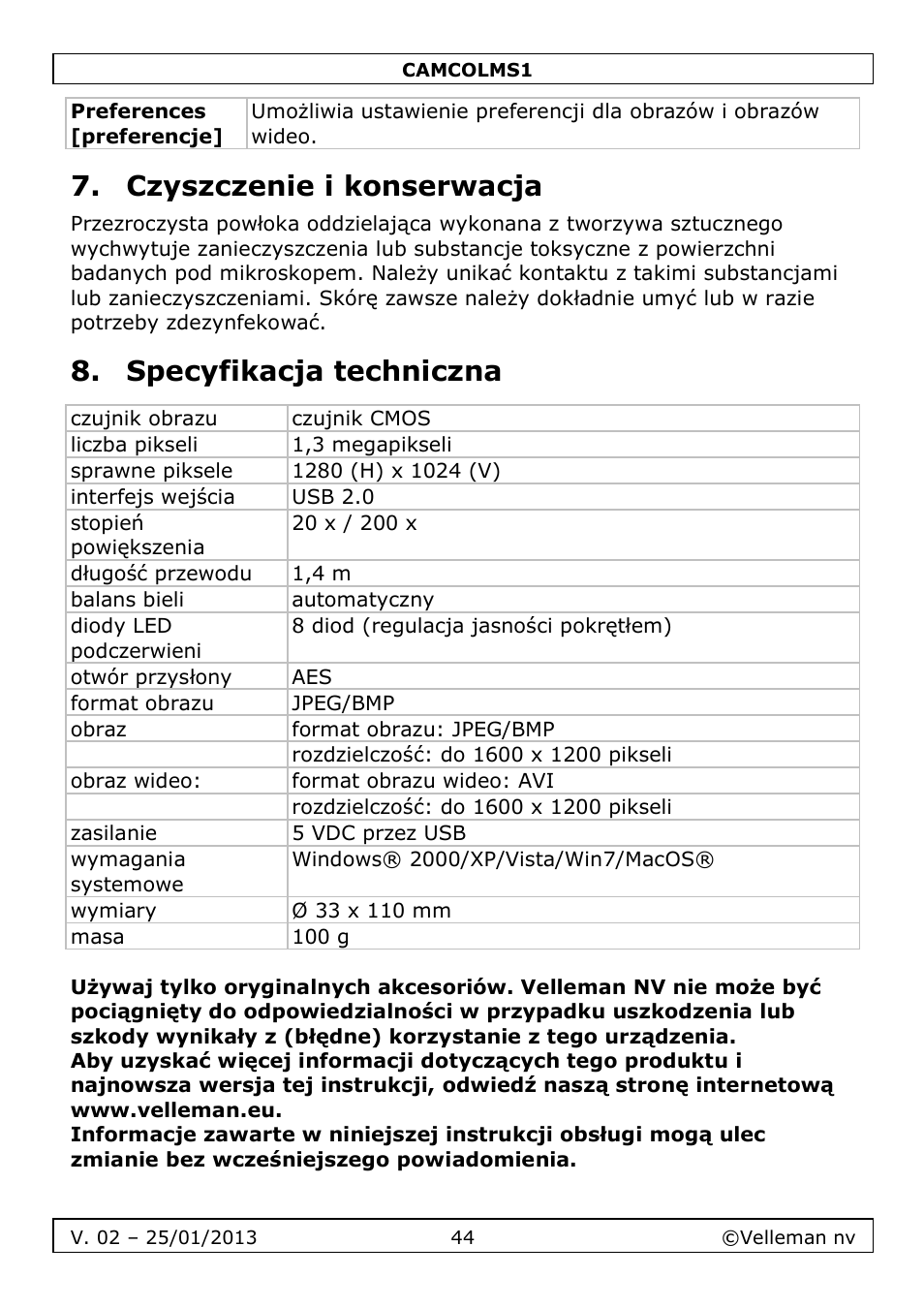 Czyszczenie i konserwacja, Specyfikacja techniczna | Velleman CAMCOLMS1 User Manual | Page 44 / 49