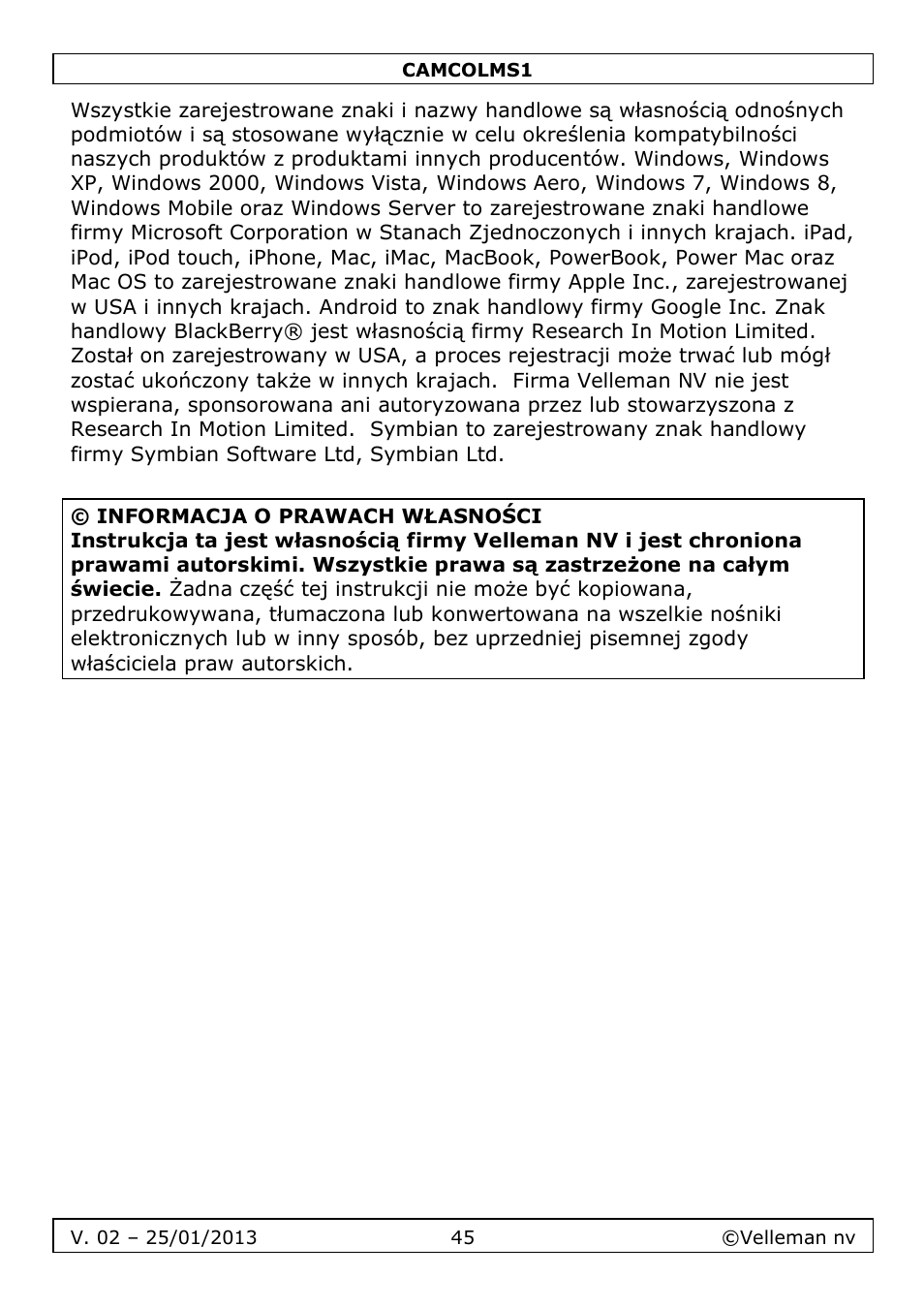 Velleman CAMCOLMS1 User Manual | Page 45 / 49