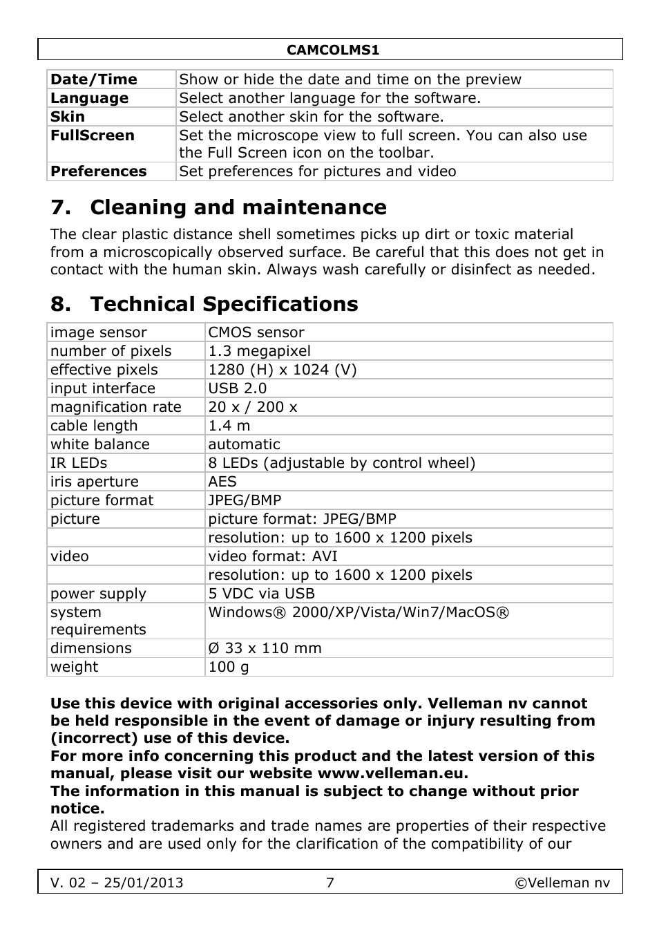 Cleaning and maintenance, Technical specifications | Velleman CAMCOLMS1 User Manual | Page 7 / 49