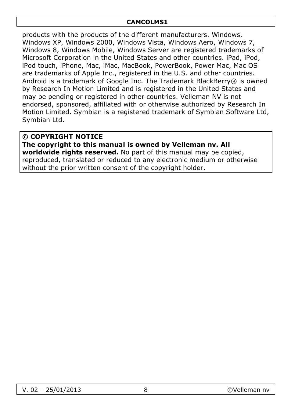 Velleman CAMCOLMS1 User Manual | Page 8 / 49