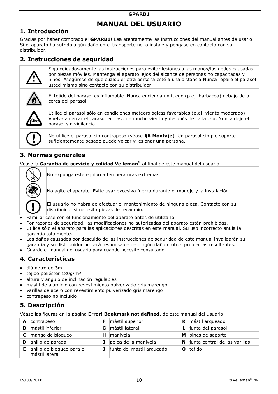 Manual, L del u, Usuari | Introdu, Instruc, Normas, Caracte, Descrip, Ucción, Cciones d | Velleman GPARB1 User Manual | Page 10 / 18