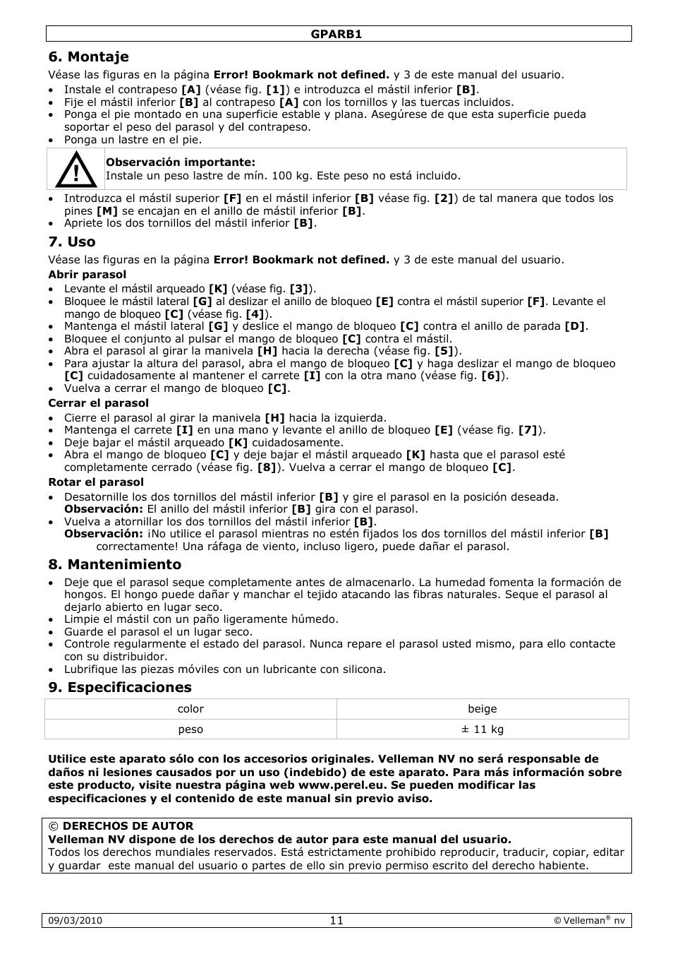 Montaje, Manten, Especif | Nimiento, Ficacione | Velleman GPARB1 User Manual | Page 11 / 18