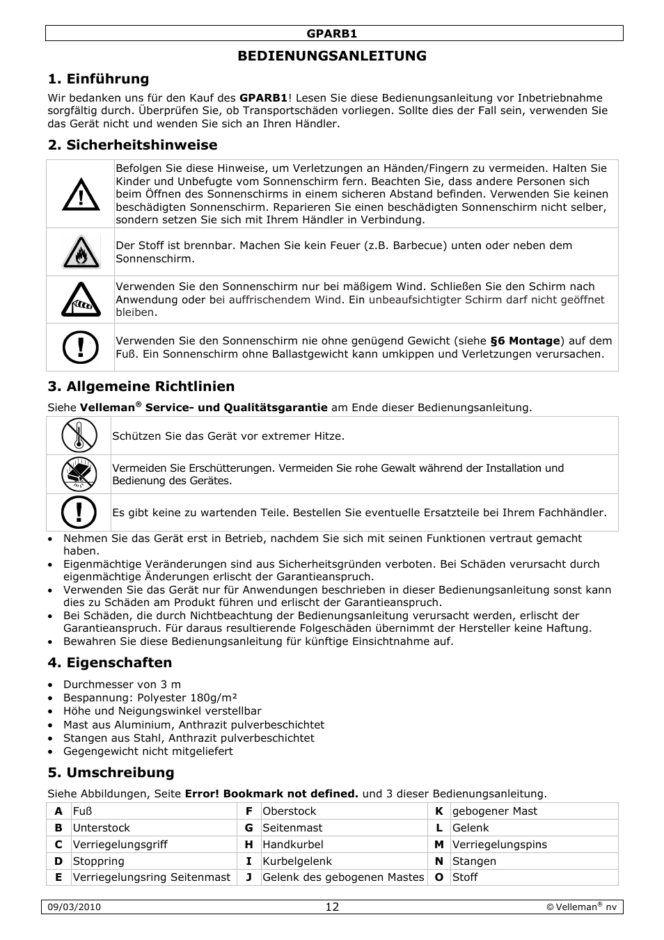 Einführ, Sicherh, Allgeme | Eigensc, Umschr, Rung, Heitshinw, Eine rich, Chaften, Reibung | Velleman GPARB1 User Manual | Page 12 / 18