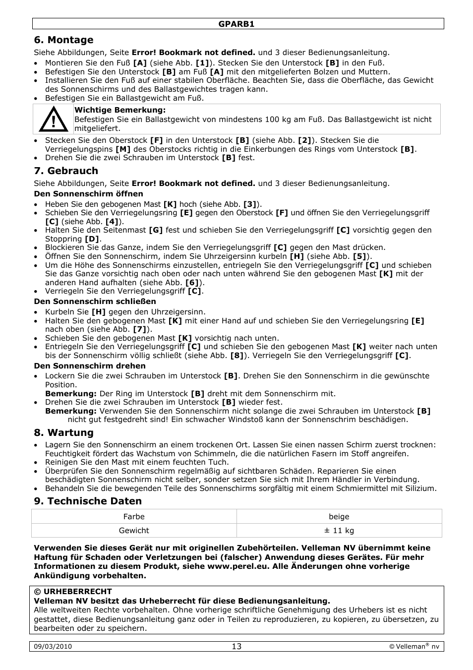 Montag, Gebrau, Wartun | Technis, Sche dat | Velleman GPARB1 User Manual | Page 13 / 18