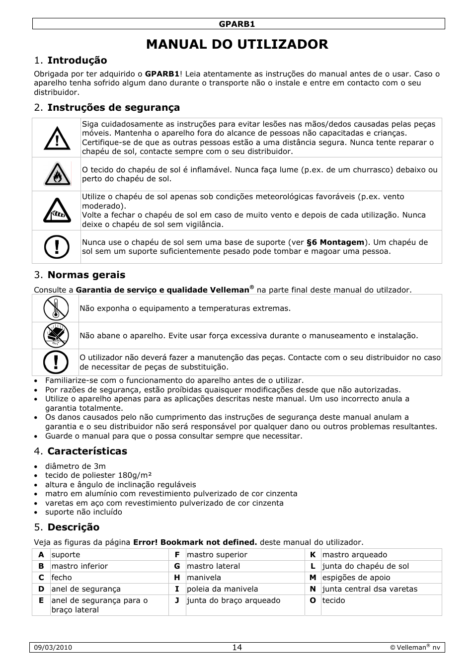 Nual d, Do ut, Ilizad | Introdu, Instruç, Normas, Caracte, Descriç, Ução, Ções de s | Velleman GPARB1 User Manual | Page 14 / 18