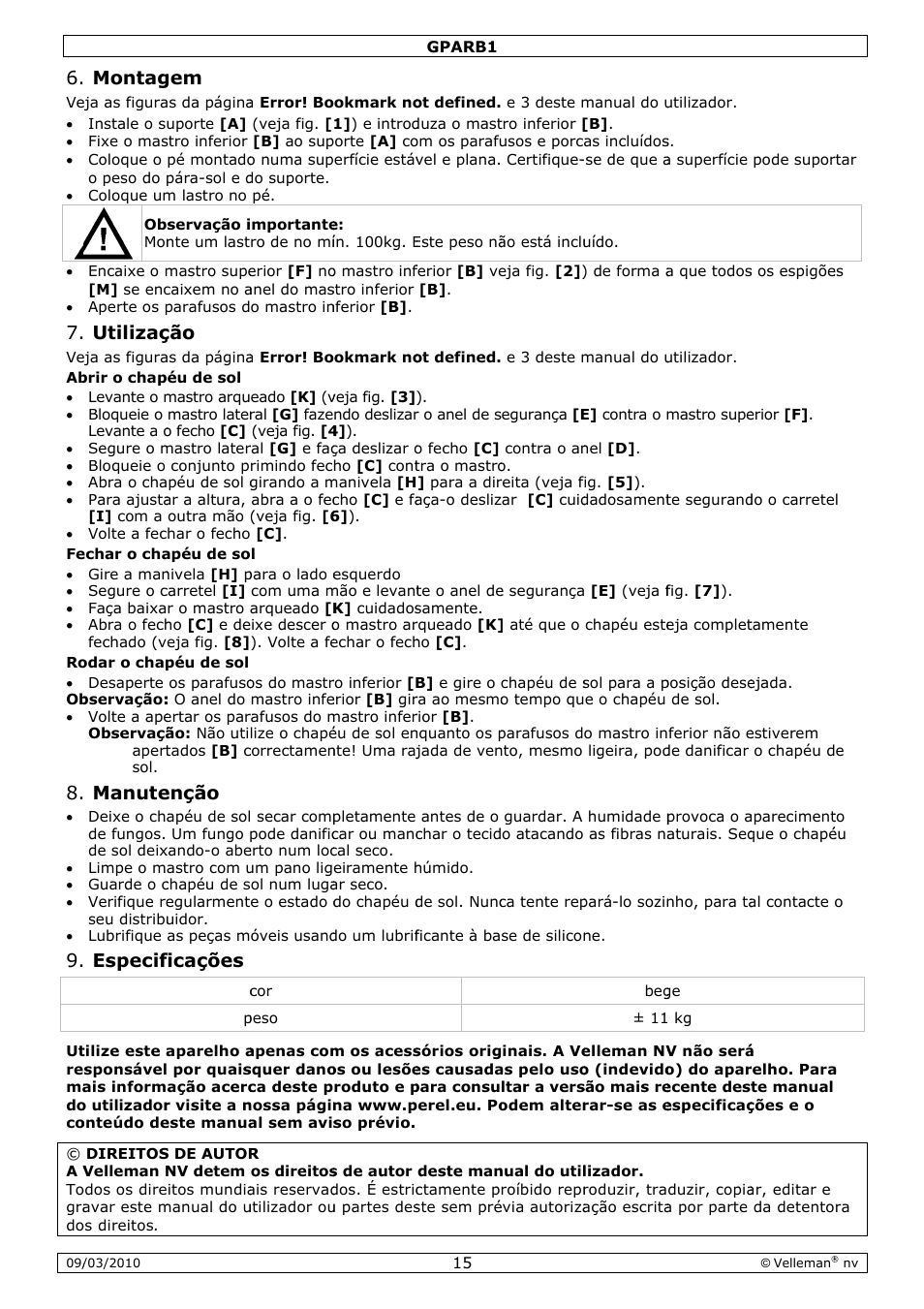 Montag, Utilizaç, Manute | Especif, Enção, Ficações | Velleman GPARB1 User Manual | Page 15 / 18