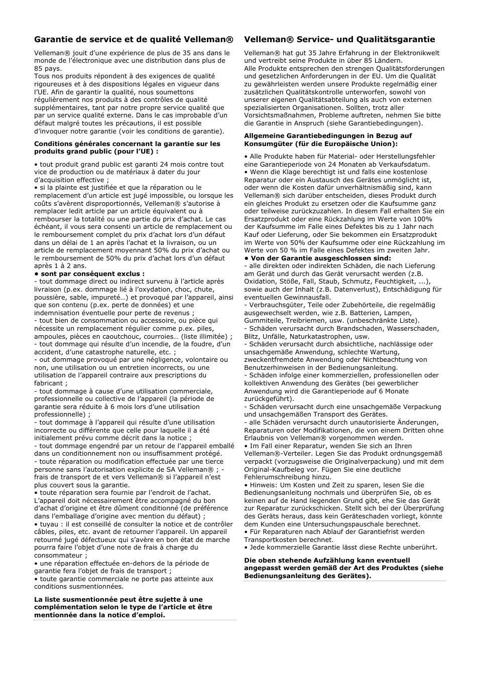 Garantie de service et de qualité velleman, Velleman® service- und qualitätsgarantie | Velleman GPARB1 User Manual | Page 17 / 18
