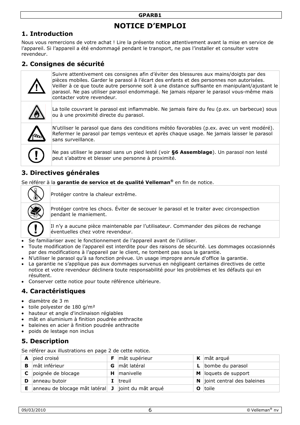 Notic, Ce d’em, Mploi | Introdu, Consign, Directiv, Caracté, Descrip, Uction, Nes de sé | Velleman GPARB1 User Manual | Page 6 / 18