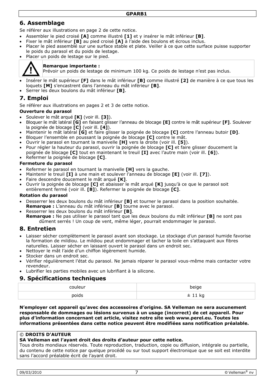 Assemb, Emploi, Entretie | Spécific, Blage, Cations t, Techniqu | Velleman GPARB1 User Manual | Page 7 / 18