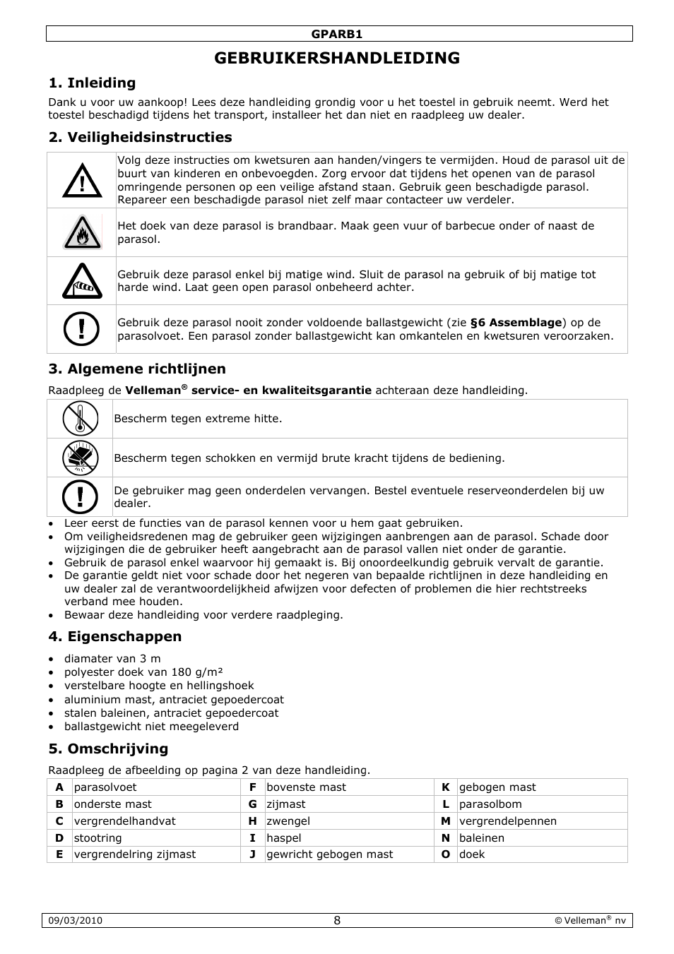 Bruike, Ershan, Ndleidi | Inleidin, Veilighe, Algeme, Eigensc, Omschr, Eidsinstr, Ene richt | Velleman GPARB1 User Manual | Page 8 / 18