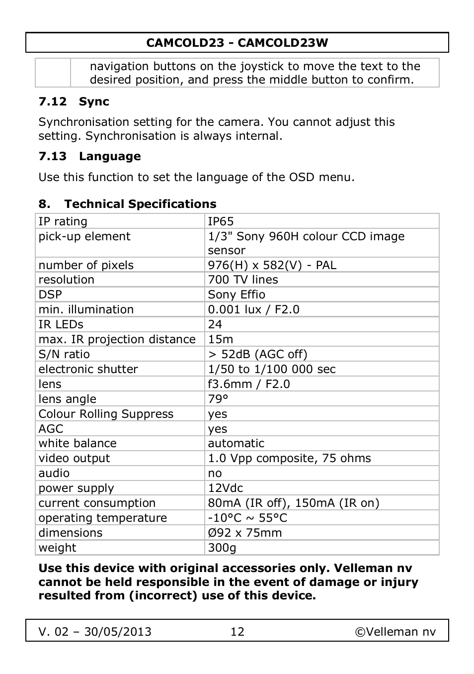 12 sync, 13 language, Technical specifications | Velleman CAMCOLD23 User Manual | Page 12 / 64