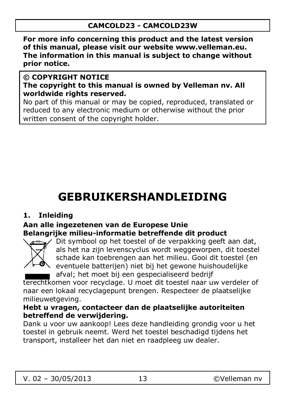 Gebruikershandleiding, Inleiding | Velleman CAMCOLD23 User Manual | Page 13 / 64