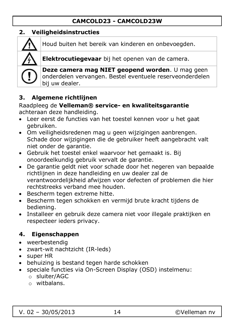 Veiligheidsinstructies, Algemene richtlijnen, Eigenschappen | Velleman CAMCOLD23 User Manual | Page 14 / 64