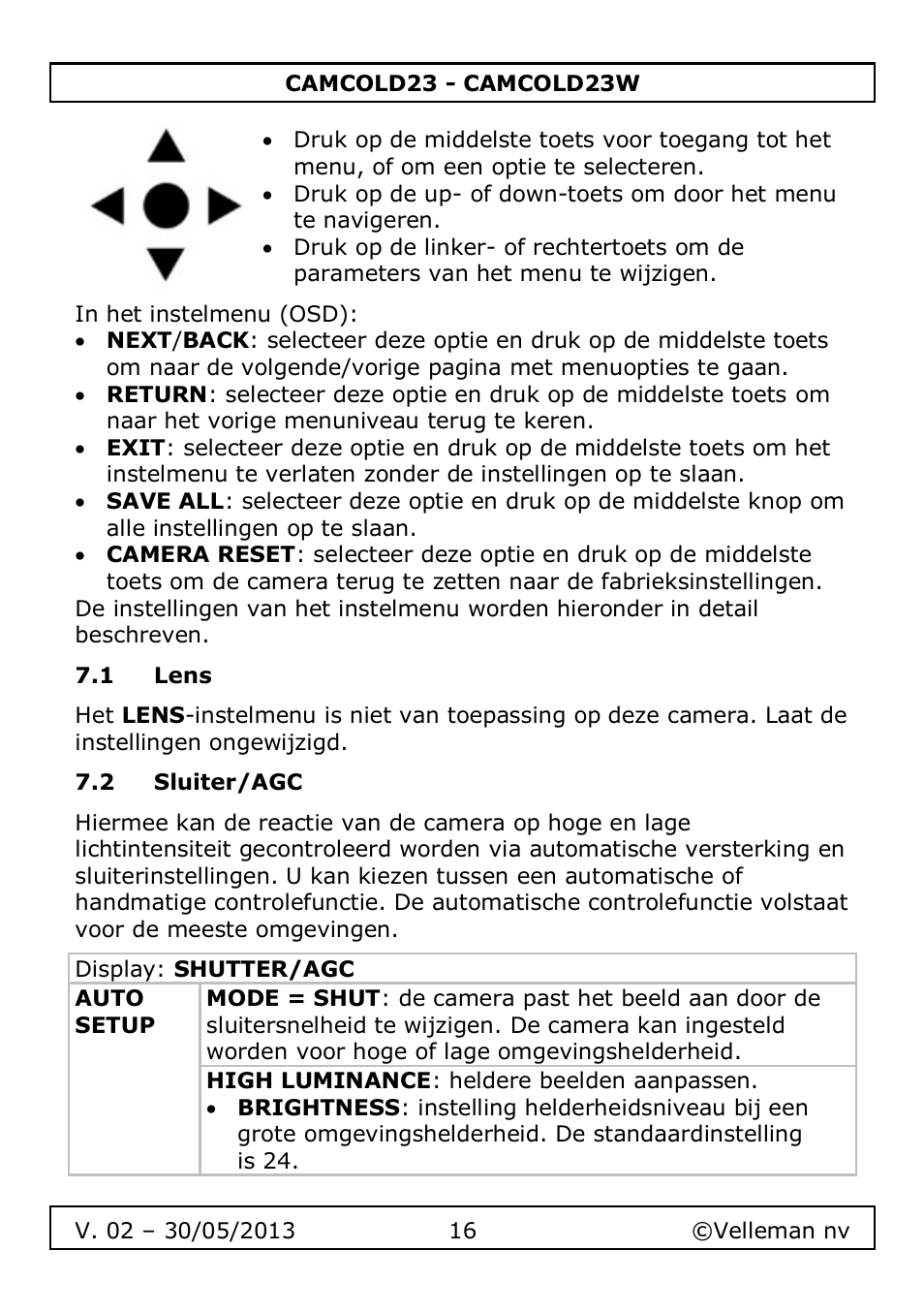 1 lens, 2 sluiter/agc | Velleman CAMCOLD23 User Manual | Page 16 / 64