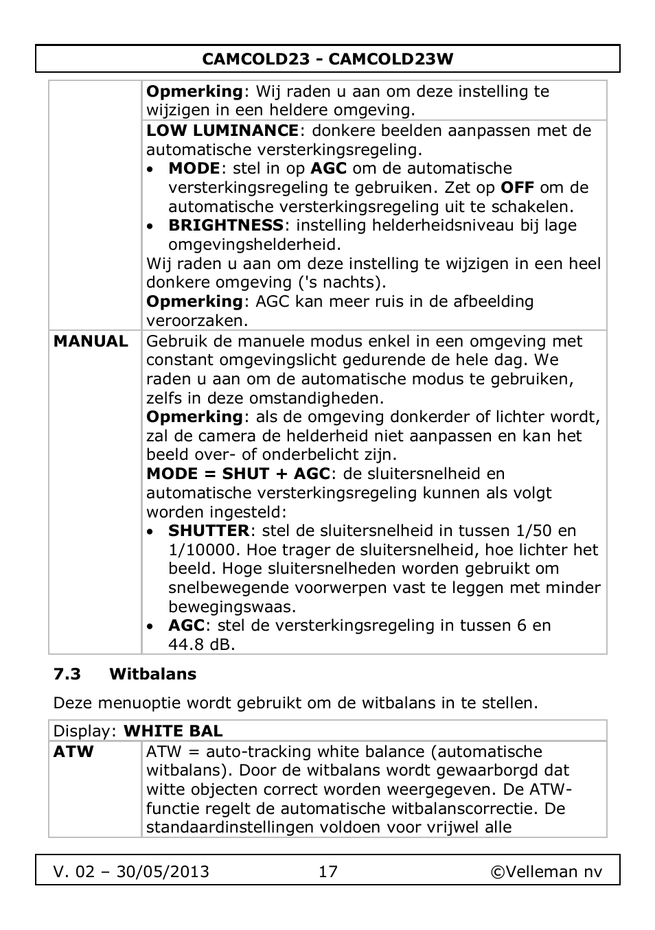 3 witbalans | Velleman CAMCOLD23 User Manual | Page 17 / 64