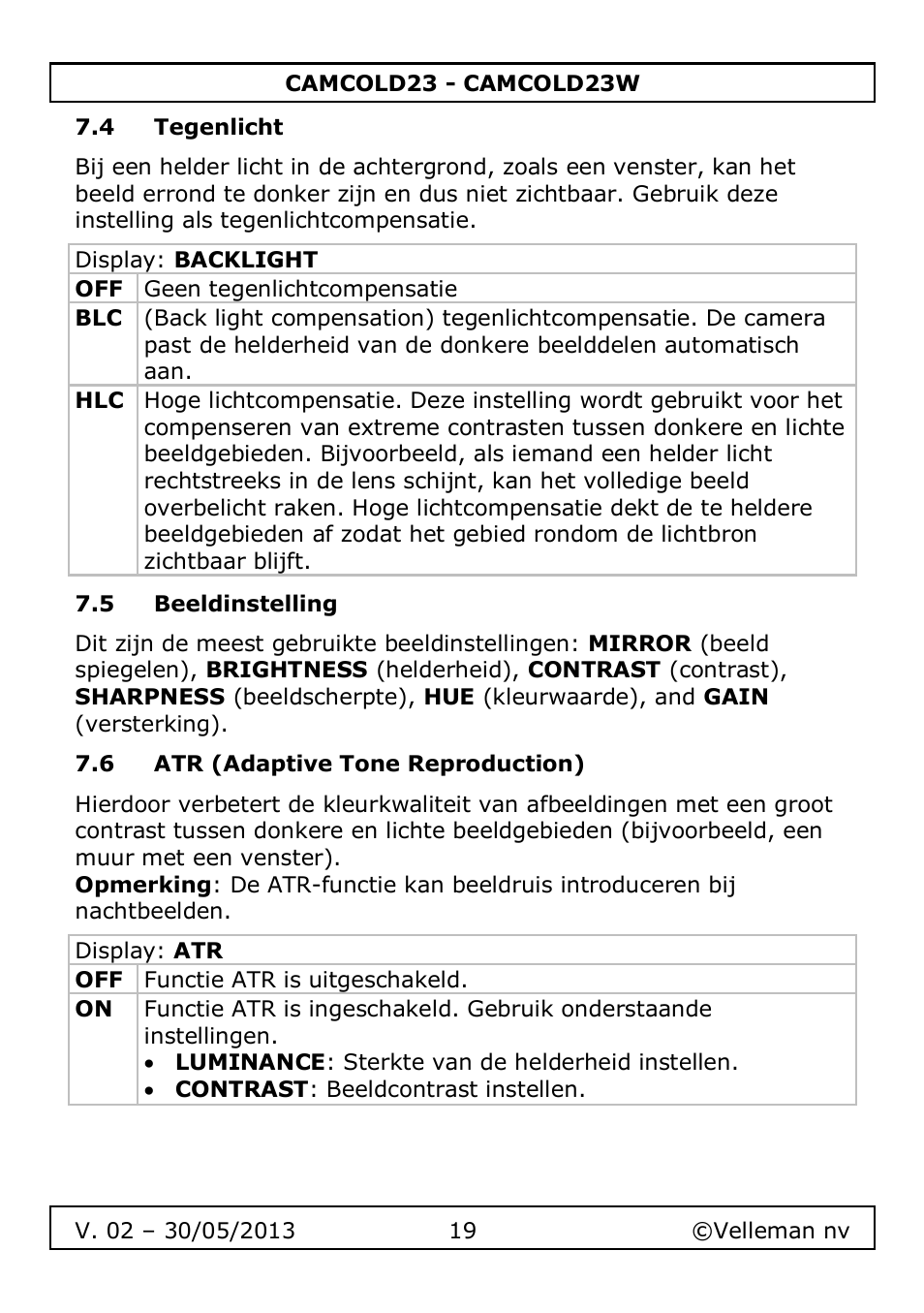 4 tegenlicht, 5 beeldinstelling, 6 atr (adaptive tone reproduction) | Velleman CAMCOLD23 User Manual | Page 19 / 64