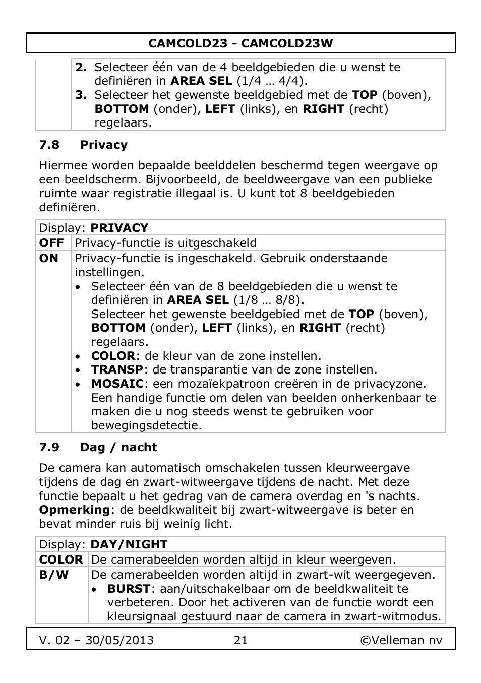 8 privacy, 9 dag / nacht | Velleman CAMCOLD23 User Manual | Page 21 / 64