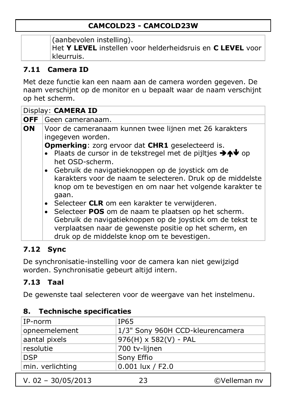 11 camera id, 12 sync, 13 taal | Technische specificaties | Velleman CAMCOLD23 User Manual | Page 23 / 64